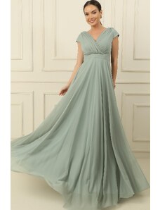 By Saygı Double Breasted Neck Nail Sleeve Full Circle Flared Lined Chiffon Tulle Long Dress