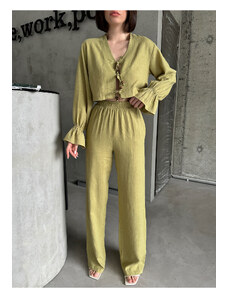 Laluvia Khaki Real Linen Design Suit