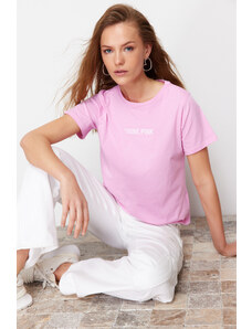 Trendyol Pink 100% Cotton Slogan Embroidered Relaxed/Comfortable Pattern Knitted T-Shirt