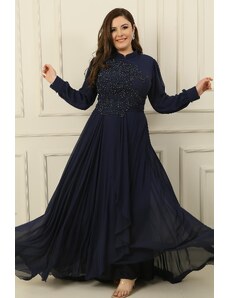 By Saygı Bead Embroidered Lined Flounce Front Plus Size Long Chiffon Dress