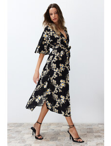 Trendyol Black Belted Floral Pattern A-Line Double Breasted Neck Midi Woven Midi Woven Midi Dress