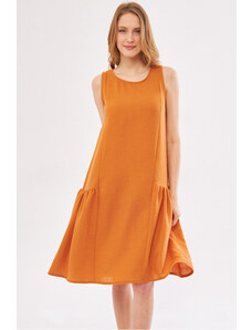 armonika Women's Orange Pickled Side Gathered Sleeveless Linen Look Midi Length
