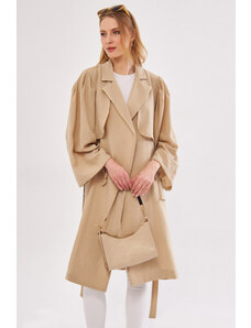 armonika Women's Beige Ennea Trench Coat Sleeves Pleated Belted Cuff Laced Detail