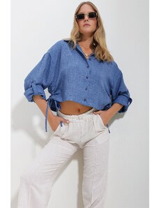Trend Alaçatı Stili Women's Blue Side Gathered Melange Linen Crop Shirt