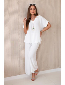 K-Fashion Komplet s náhrdelníkem halenka + kalhoty bílý