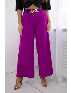 MladaModa Široké viskózové kalhoty s ozdobným páskem model 59100-28 tmavě fialové