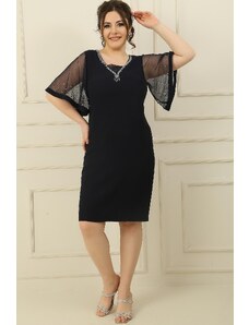 By Saygı Stone Embroidered Lined Plus Size Dress on Collar And Sleeves