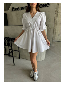 Laluvia White V Neck Balloon Sleeve Dress