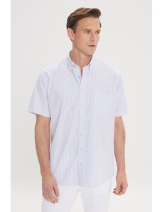 ALTINYILDIZ CLASSICS Men's White-blue Comfort Fit Comfy Cut Buttoned Collar Check Short Sleeve Shirt.