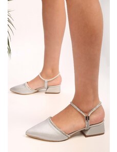 Shoeberry Women's Tine Silver Satin Stone Heeled Shoes