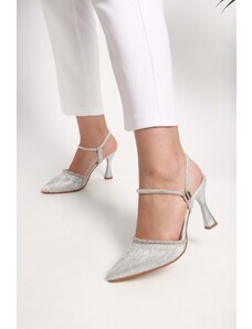 Shoeberry Women's Avril Silver Glittery Stone Heeled Shoes