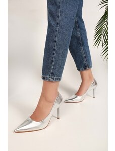 Shoeberry Women's Lyvia Silver Metallic Heeled Shoes Stiletto