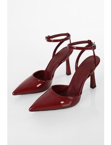 Shoeberry Women's Martini Burgundy Patent Leather Belted Ankle Tied Stiletto