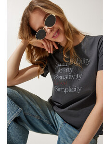 Happiness İstanbul Women's Smoky Printed 100% Cotton Knitted T-Shirt