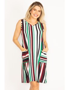 Şans Women's Plus Size Colorful Striped Dress With Pocket Detail