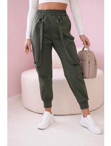MladaModa Stylové kalhoty s ozdobnými popruhy model 6758 barva tmavá khaki