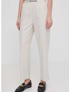 Kalhoty Tommy Hilfiger dámské, béžová barva, jednoduché, high waist, WW0WW41785
