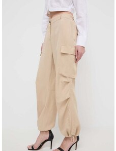 Kalhoty s příměsí lnu Karl Lagerfeld béžová barva, kapsáče, high waist