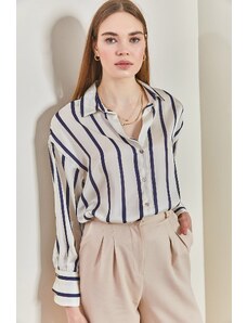 Bianco Lucci Women's Striped Satin Shirt with Cuff Sleeves