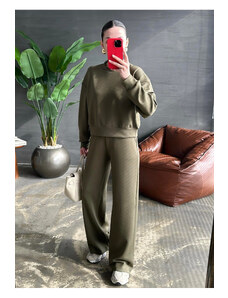 Laluvia Khaki Sweat Wide Leg Trousers Suit