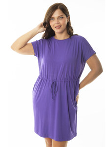 Şans Women's Plus Size Purple Tunic Dress with Tunic Waist and Tie Low Sleeves