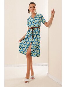 By Saygı Buttoned Front Belted Floral Patterned Short Sleeve Seersucker Dress Blue