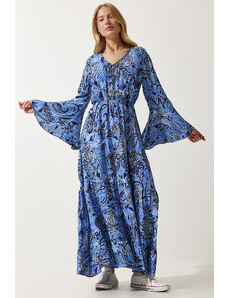Happiness İstanbul Women's Blue Patterned Summer Viscose Dress
