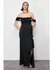 Trendyol Black Flounce Satin Long Evening Dress