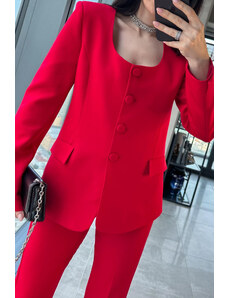 Laluvia Red Premium Round Neck Jacket Pants Suit