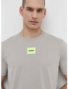 Bavlněné tričko HUGO šedá barva, s aplikací