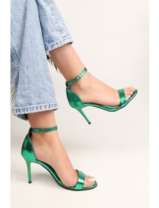 Shoeberry Women's Dianthus Emerald Green Metallic Single Strap Heels.