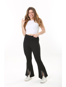 Şans Women's Plus Size Black Leg Stone And Slit Detail Lycra Trousers