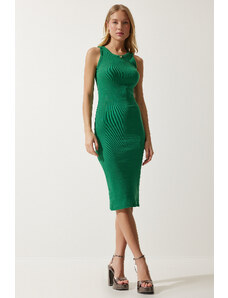 Happiness İstanbul Women's Dark Green Halter Neck Ribbed Wrap Knitted Dress