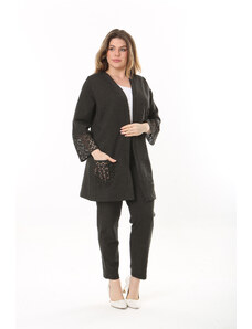 Şans Women's Plus Size Smoky Pocket And Arm Cuff Laser Cut Cardigan And Trousers Double Suit