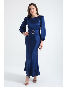Lafaba Women's Navy Blue Belted Midi Satin Evening Dress