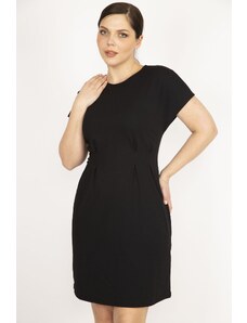 Şans Women's Black Plus Size Back Concealed Zipper Waist Detail Crepe Dress