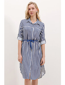 Bigdart 5629 Striped Belted Dress - Blue