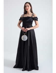 Lafaba Women's Black Stone Strap Draped Long Satin Evening Dress