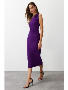 Trendyol Purple One-Shoulder Draped Fitted Flexible Knitted Midi Dress