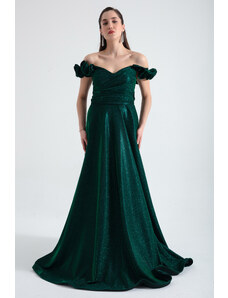 Lafaba Women's Emerald Green Silvery Silvery Long Evening Dress With Frilly Sleeves