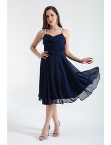 Lafaba Women's Navy Blue Stone Strap Midi Evening Dress
