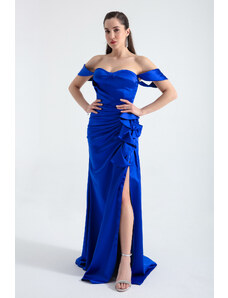 Lafaba Women's Saxe Blue Heart Collar Frilly Long Satin Evening Dress