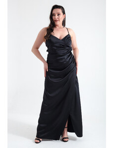 Lafaba Women's Black Decollete Long Plus Size Evening Dress with Slit