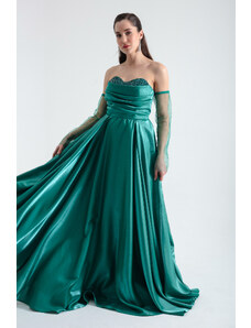 Lafaba Women's Emerald Green Collar Gemstoned Long Sleeves Tulle Evening Dress