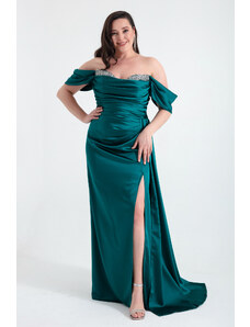 Lafaba Women's Emerald Green Boat Neck Slit Long Plus Size Satin Evening Dress