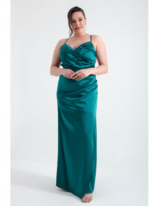 Lafaba Women's Emerald Green Decollete Long Plus Size Evening Dress with Slit