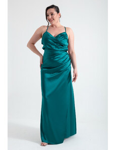 Lafaba Women's Emerald Green Decollete Long Plus Size Evening Dress with Slit