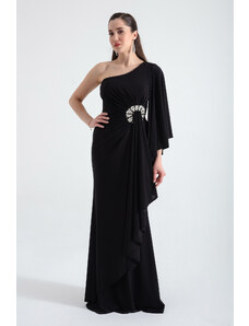 Lafaba Women's Black One-Shoulder Stone Detailed Long Evening Dress