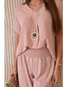 K-Fashion Komplet s náhrdelníkem halenka + kalhoty tmavě pudrově růžová