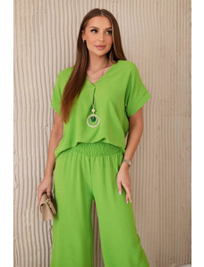 K-Fashion Komplet s náhrdelníkem halenka + kalhoty jasně zelená